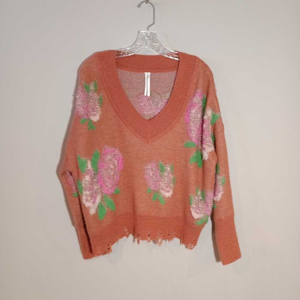 Anthropologie Floral Distressed Drop Shoulder Sweater Size S